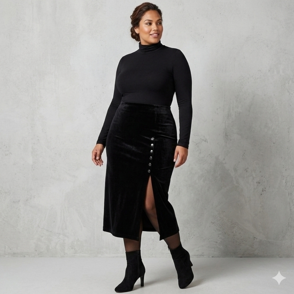 Vtg Chic Black Velvet Pencil Skirt with Button Detail